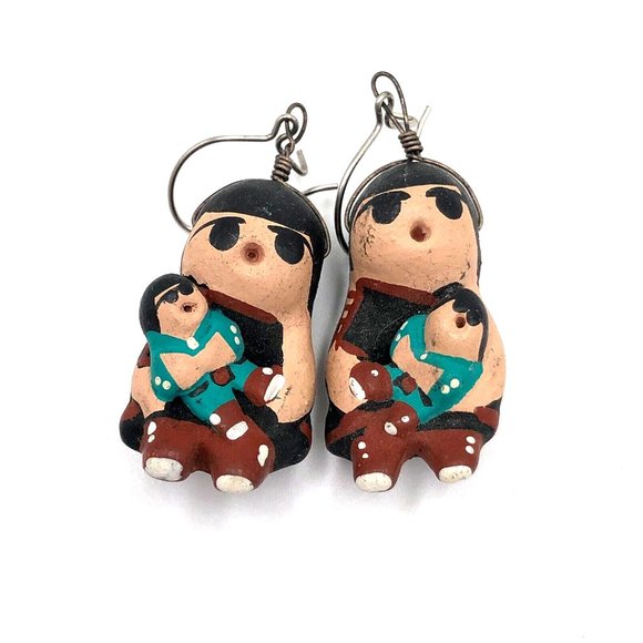 Hand Made Native American Storyteller Earrings Sculpted Pottery Terra Cotta - Picture 1 of 3